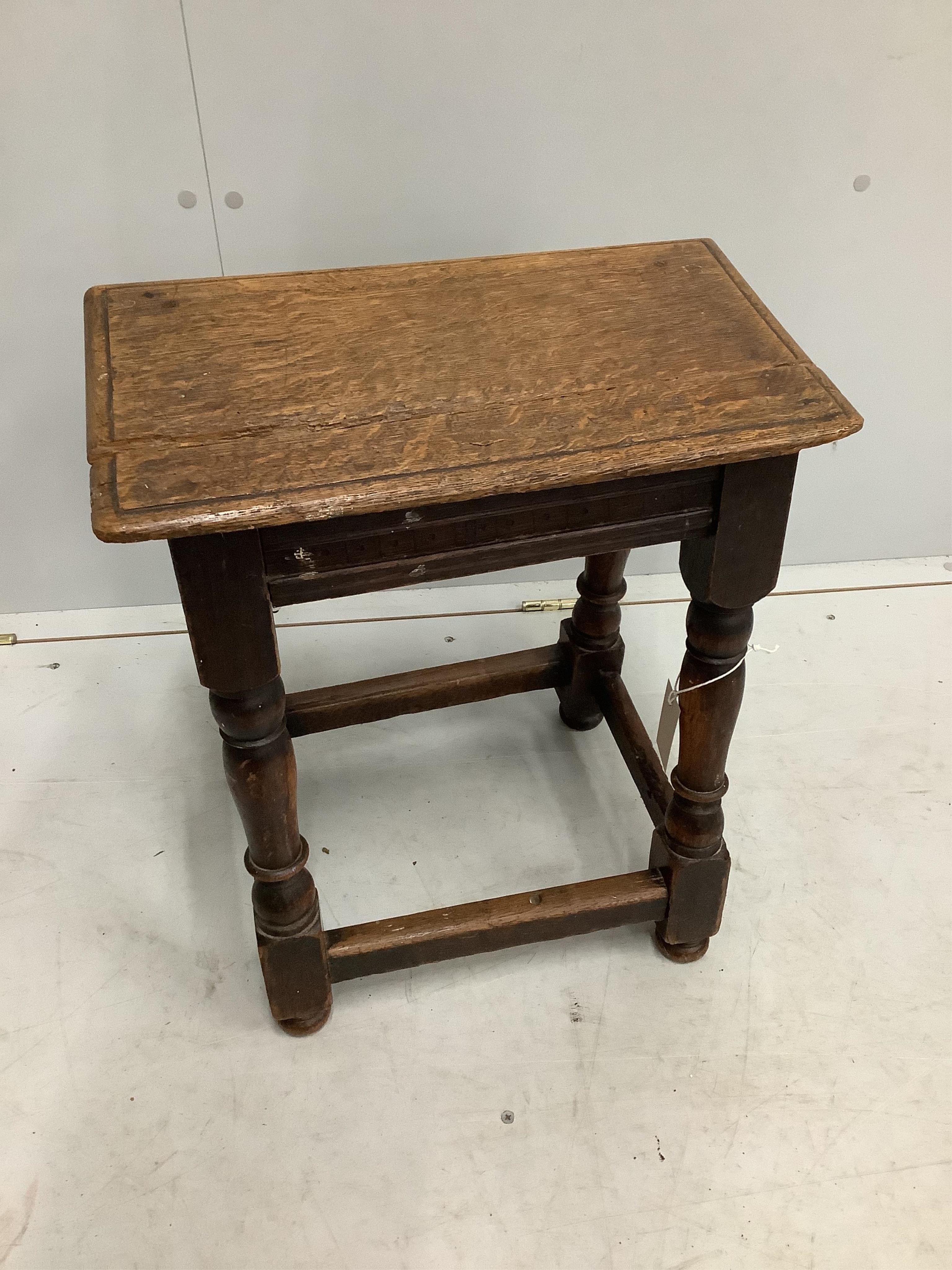 An 18th century style oak joint stool, width 44cm, depth 25cm, height 53cm